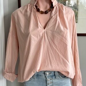 Pink 3/4 Sleeve V-Neck Blouse with Mandarin Collar